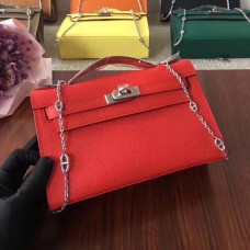 Geantă Hermes Mini Kelly 22cm din piele Epsom, roșie și argintie, cu curea din lanț
