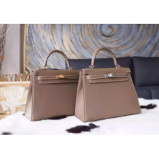 Geantă Hermes Kelly 25cm Epsom din piele de vițel cusută manual cu accesorii Palladium, Etoupe CK18 RS03907