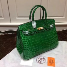 Geantă Hermes Birkin 35cm din piele de crocodil verde auriu