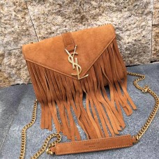 Geantă YSL din piele întoarsă cu ciucuri 22 cm, culoare camel