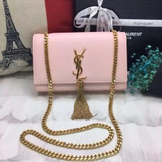 Geantă YSL cu lanț și ciucuri 22 cm, piele netedă, roz deschis, auriu