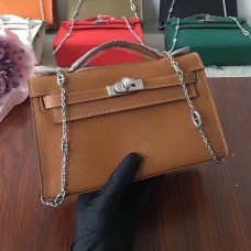 Geantă Hermes Mini Kelly 22cm din piele Epsom, culoare camel, argintie, cu curea din lanț