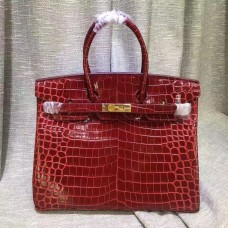 Geantă Hermes Birkin 35cm din piele de crocodil, roșu închis, auriu