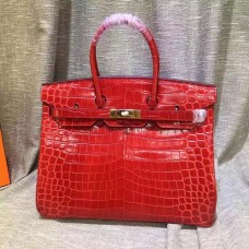 Geantă Hermes Birkin 35cm din piele de crocodil, roșie, aurie