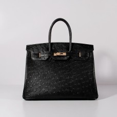 Geantă Hermes Birkin 35cm din piele de struț, neagră și aurie
