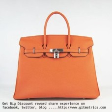 Genți de mână Hermes Birkin 35cm piele de vită cu venă portocalie argintie