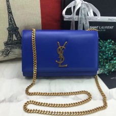 Geantă YSL din piele netedă cu lanț, 22 cm, albastră