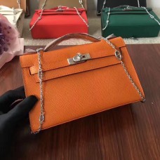 Geantă Hermes Mini Kelly 22cm din piele Epsom portocalie argintie cu curea de lanț