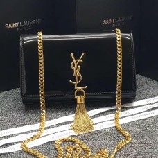 Geantă YSL cu lanț și ciucuri 22 cm din piele lăcuită neagră