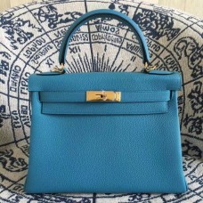 Geantă Hermes Kelly 28cm Togo din piele albastră aurie