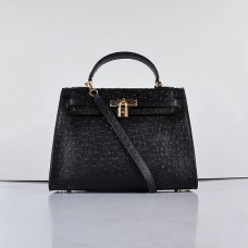 Hermes Kelly 32cm Ostrich Vein 6108 Negru Auriu