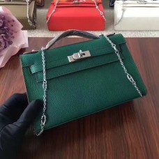 Geantă Hermes Mini Kelly 22cm din piele Epsom verde argintiu cu curea de lanț