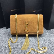 Geantă YSL cu lanț și ciucuri 22 cm, piele întoarsă, culoare camel
