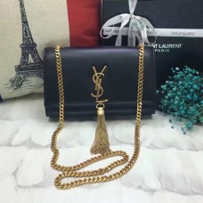 Geantă YSL cu lanț și ciucuri 22 cm, piele netedă, negru, auriu