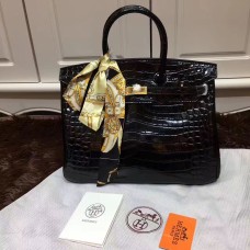 Geantă Hermes Birkin 35cm din piele de crocodil, neagră, aurie