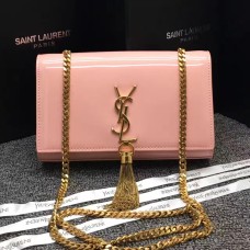 Geantă YSL cu lanț și ciucuri 22 cm, piele lăcuită, roz