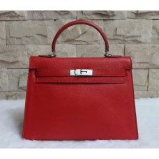 Geantă Hermes Kelly 32cm Epsom din piele roșie argintie
