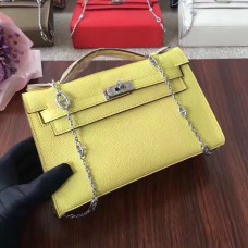 Geantă Hermes Mini Kelly 22cm din piele Epsom, galbenă, argintie, cu curea de lanț