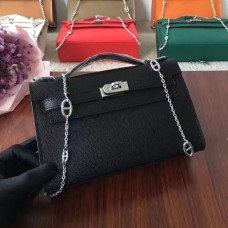 Geantă Hermes Mini Kelly 22cm din piele Epsom, neagră, argintie, cu curea din lanț