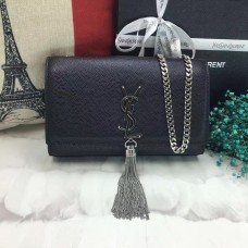 Geantă YSL cu lanț și ciucuri 22 cm, piele caviar, negru, argintiu